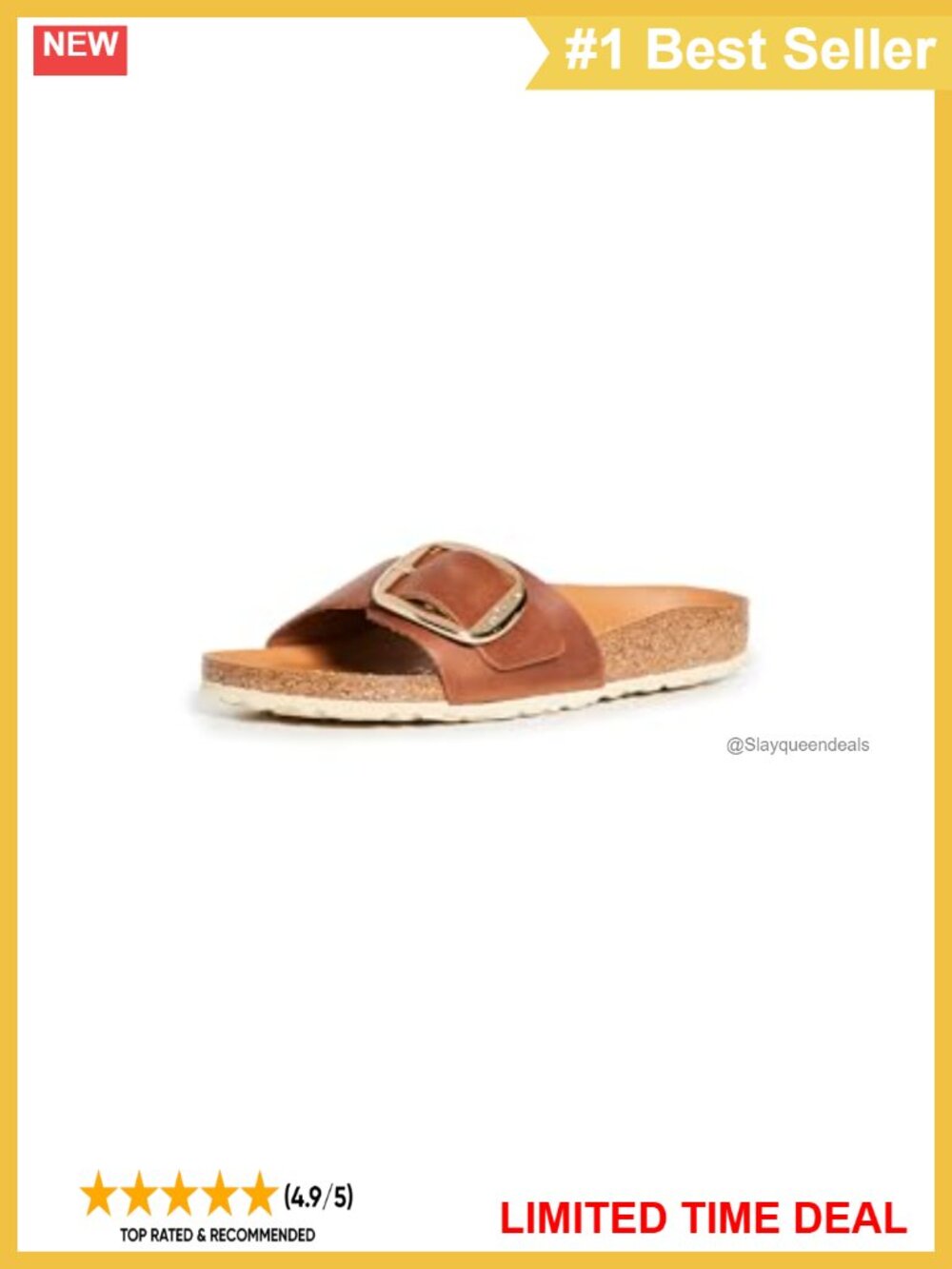 Oiled Leather Slide Sandals with Big Buckle Cork Footbed